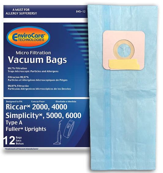 EnviroCare Replacement Micro Filtration Vacuum Cleaner Dust Bags made to fit Riccar 2000, 4000 and Vibrance Series. Simplicity 5000, 6000 and Symmetry Type A 12 pack