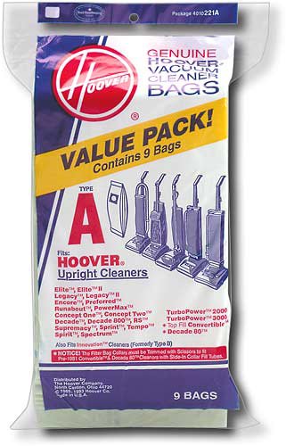 Hoover 4010221A Vacuum Cleaner Bags--Contains 9 Bags A Type