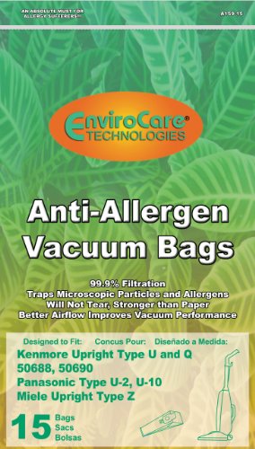 EnviroCare Replacement Allergen Vacuum Bags Designed to fit Kenmore 50688 and 50690 Type U, L, and O, Panasonic Type U-2, U-10 Uprights 15 Pack