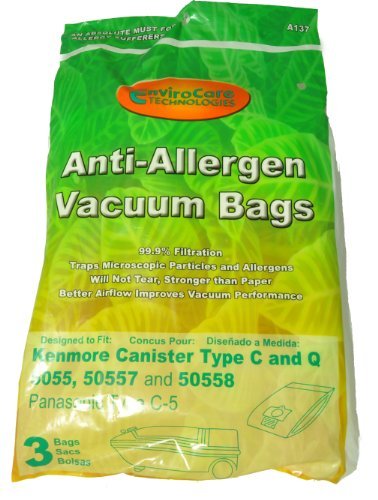 EnviroCare Replacement Allergen Filtration Vacuum Cleaner Dust Bags Designed to fit Kenmore Canister Type C/Q, 50555, 50558, 50557 and Panasonic Type C-5 3 pack