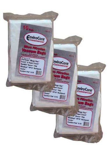 30 Commercial Backpack Vacuum Cleaner Bags 10 Quart, Clarke, Coach, Sandia, Windsor, Proteam, Raven, Perfect, EDIC, Windsor # 86198850 and 68005, Clarke 147109750, Proteam 100331, 450243, Sandia # 10-0006, Oreck OR1001,