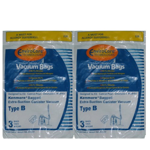 6 Kenmore Type B Vacuum Cleaner Allergen Extra-Suction Canister Vacuum Cleaner Bags, Galaxy Series, 85003, 634875, 24196, 20-24196, 0-24196, 115.2496210, 02053278000