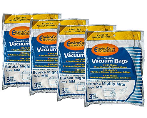 12 Eureka Allergy Mighty Mite Vacuum Style MM Bags Canister Limited Sanitaire Vacuum Cleaners 3670 3680 3690, 602695, 60295B, 60295-12, 60296, 60296-12(filteraire), 60297-10, S3681B, SC3683A, SC3686A