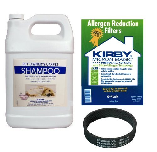 1 GALLON KIRBY LAVENDER SCENTED PET SHAMPOO, 6 GENUINE HEPA UNIVERSAL FIT BAGS, 1 BELT