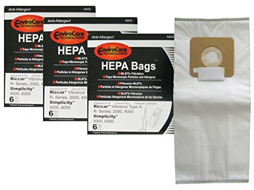 EnviroCare Replacement HEPA Filtration Vacuum Cleaner Dust Bags made to fit Riccar Vibrance Type A R-Series, 2000, 4000, Simplicity 5000, 6000 18 Pack