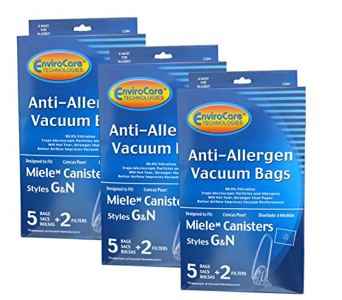 3 Pkgs Miele Style G/N Plasatic Collar Allergen Canister Vacuum Bags