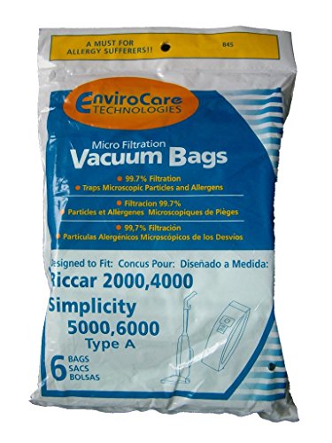 EnviroCare Replacement Micro Filtration Vacuum Cleaner Dust Bags made to fit Riccar 2000, 4000 and Vibrance Series. Simplicity 5000, 6000 and Symmetry Type A 6 Bags