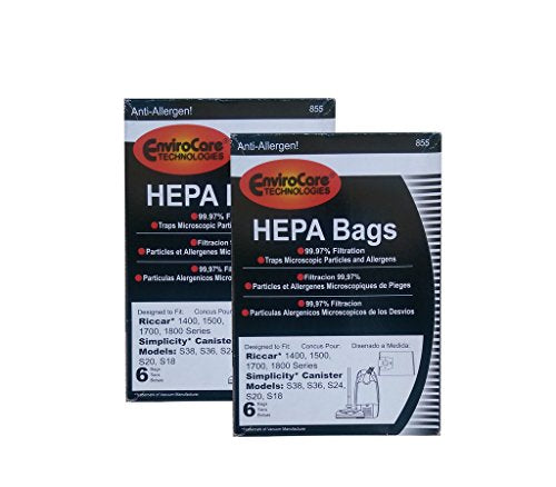 EnviroCare 12 Riccar Simplicty HEPA Canister Replacement Vacuum Bags RHH-6 C19-6 Shh-6 S8-6 C19-6