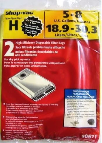 Shop Vac Type H 5-8 Gallon Bags with High Efficiency filtration 2 Pack Part # 90667100