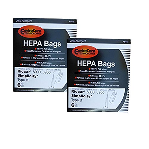 EnviroCare Type B HEPA Allergy Bags for Riccar 8000 8900, Simplicty 7 & 7000 Series and Belvedere Upright Vacuum Cleaners (2)