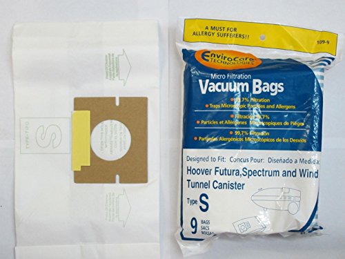 9 Allergen Bags Type S Replace 4010100S Fit Hoover Futura, Spectrum, PowerMaxk Windtunnel Canister