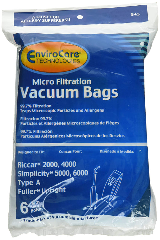 Riccar 2000, 4000 and Simplicity 5000, 6000 Type A Vacuum Bags Microfiltration with Closure - 6 Pack
