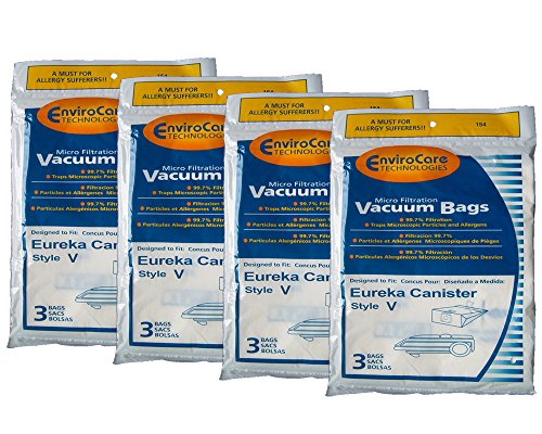 12 Eureka Allergy Style V Vacuum Bags, Power Team, Powerline, Canisters, World Vac, Home Cleaning System Vacuum Cleaners, 3800, 3900, 6700, 6800, 6865, 8000, 8200, 8900, 52358, 52358-12, 576898-12 (Filteraire), 54923-10, 6865