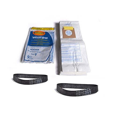 Hoover WindTunnel Upright Type Y Vacuum Microfiltration Bags with Closure 9pk With 2pk Windtunnel Flat Belts, Fits Hoover WindTunnel Uprights