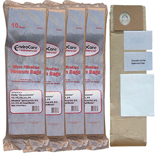 EnviroCare Replacement Micro Filtration Vacuum Cleaner Dust Bags made to fit Advance Spectrum, Clarke, CarpetMaster, Nilfisk Vacuums. 40 Bags + Exhaust & Pre Filters Filter