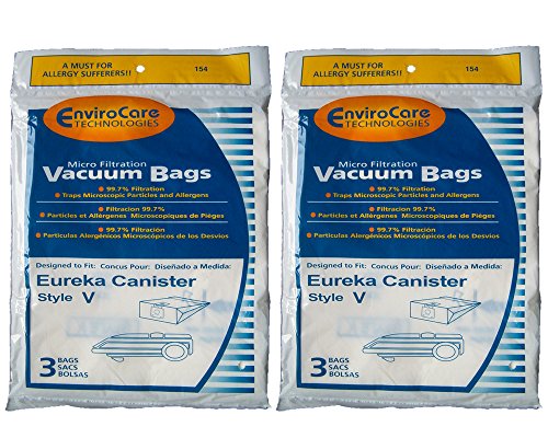 6 Eureka Allergy Style V Vacuum Bags, Power Team, Powerline, Canisters, World Vac, Home Cleaning System Vacuum Cleaners, 3800, 3900, 6700, 6800, 6865, 8000, 8200, 8900, 52358, 52358-12, 576898-12 (Filteraire), 54923-10, 6865
