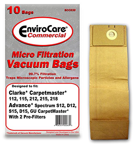 EnviroCare Replacement Vacuum Bags for Advance Spectrum, Clarke CarpetMaster, Nilfisk Uprights 10 Pack with 2 Filters