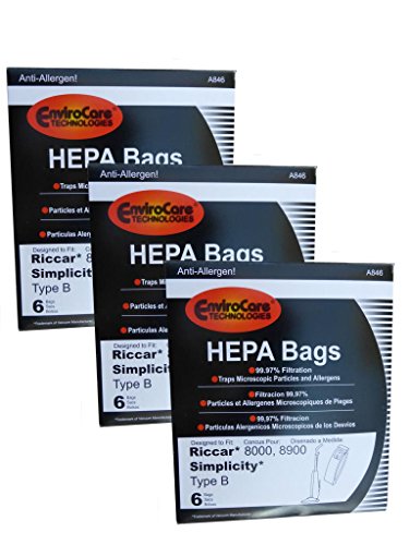 EnviroCare 18 Bags (3 pkgs) Type B HEPA Allergy Bags for Riccar 8000 8900, Simplicty 7 & 7000 Series and Belvedere Upright Vacuum Cleaners