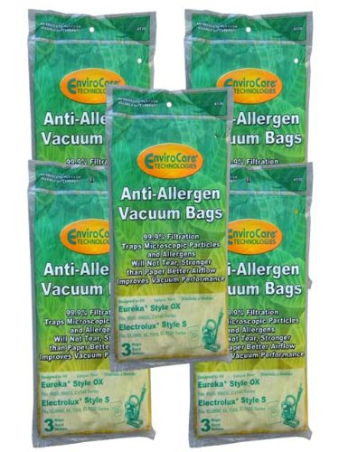 15 Eureka & Electrolux Style OX, Sanitaire Style S H10 Allergy HEPA Vacuum Bags, S-Clinic, SP200 EL200 and EL202, EL 200B, EL 202B, EL 202C, EL202CPK4, EL202F, EL203B, Classic S-Bag Clinic, 6123OF-6 SP6950, SP6952, Eureka BB, Sanitaire Classic S