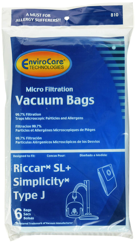 EnviroCare Replacement Micro Filtration Vacuum Cleaner Dust Bags made to fit Riccar SL+, Simplicity Type J canisters 6 bags