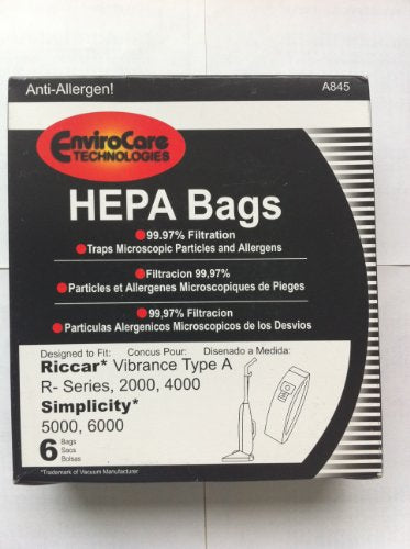 EnviroCare Replacement HEPA Filtration Vacuum Cleaner Dust Bags made to fit Riccar Vibrance Type A R-Series, 2000, 4000, Simplicity 5000, 6000 6 Pack
