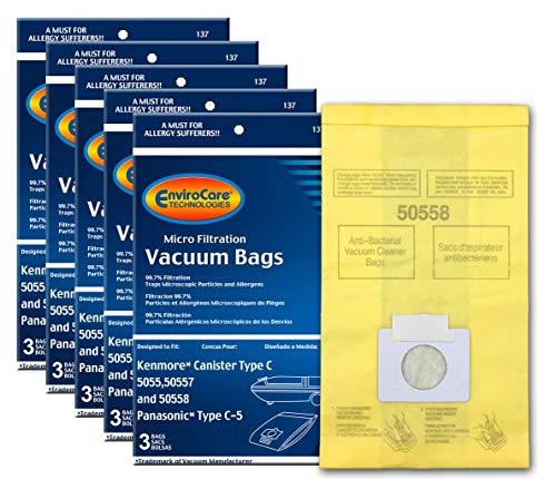 EnviroCare Replacement Micro Filtration Vacuum Bags to fit Kenmore Canister Q. 5055, 50557 and 50558 Panasonic Type C-5 Models 15 Pack, 15, Yellow, Count