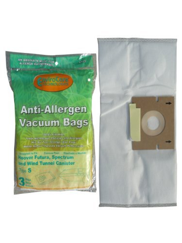 3 Hoover HEPA Windtunnel Allergy Vacuum Type S Bags, Futura, Spectrum, Power Max Vacuum Cleaners, 43655097, 4010064S, 4010344S, 43655093, 4010100S by EnviroCare