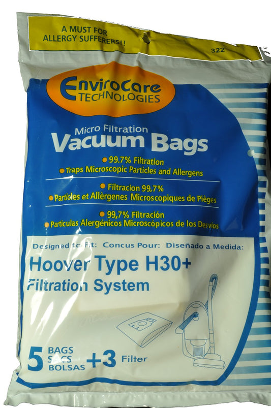 Hoover Type H30 Canister Vacuum Cleaner Bags, EnviroCare Replacement Brand Bags, Designed to fit Canister Type H30, 99.7 Microfiltration, 5 Bags & 3 Filters in Pack