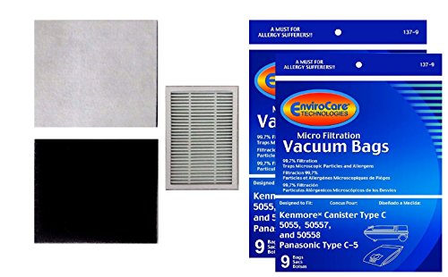 Envirocare Replacement Micro Filtration Vacuum Bags Designed to Fit Kenmore Canister Type C or Q 50555, 50558, 50557 and Panasonic Type C-5 18 Pack. Also Includes 1 EF-2 Filter and 2 CF-1 Filters