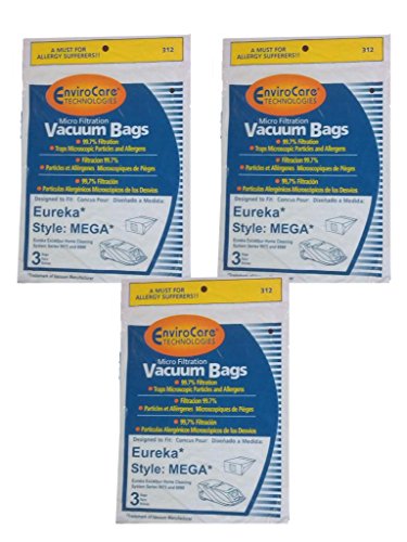 EnviroCare 9 Bags (3Pkg) Eureka MEGA #58624 (58624A) Cannister Vacuum Cleaner Allergen Style Bags Model Excalibur Powerteam 6975 and 6990