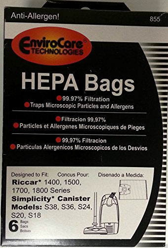 (Ship from USA) 6 pk RICCAR HEPA Type H Vacuum Bags Part 855