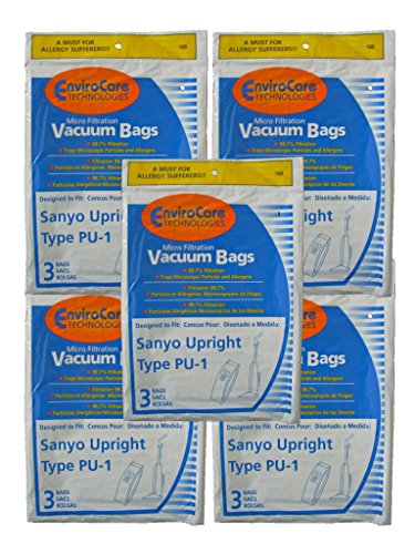 15 Sanyo Upright Pu-1 Vacuum Bags, Panasonic, Kenmore, LG Vacuum Cleaners, SC54A, SCA4, SCA41, SCA42, SCA4A, VU5545-65