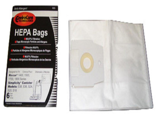 Type H 14 / 18 Canister Allergen Paper Bags 6 PK # 855 By Riccar Simplicity
