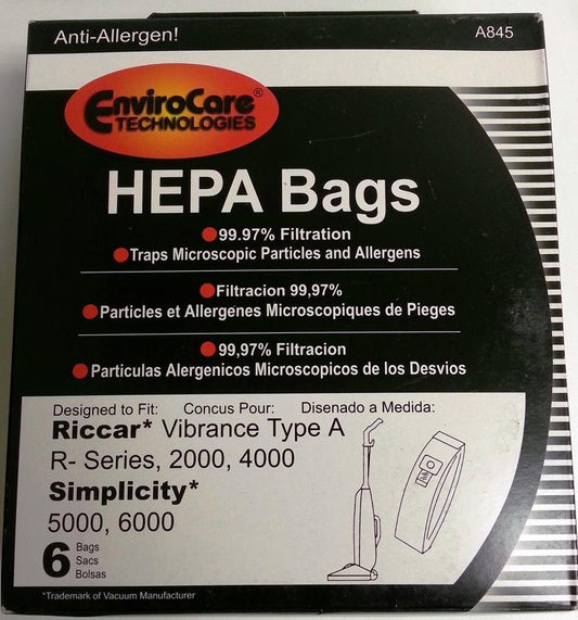 Vacuum Cleaner Bags 6 pk RICCAR HEPA Type A Vacuum Bags for Simplicity, Vibrance VIBCL2000 Part A845