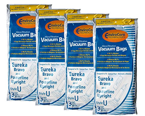 EnviroCare 12 Eureka Style U Allergen Bags, Bravo II, Powerline, Direct Air, World Vac, White Westinghouse Upright Vacuum Cleaners, 57802A, 54310, 54310C, 54310B, 54310B-6, 57802B, 54918, 54918A-10