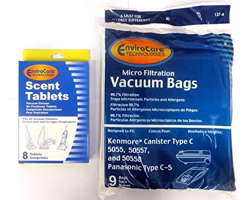 EnviroCare Replacement Vacuum Bags Designed to fit Kenmore Canister Type C or Q 50555, 50558, 50557 and Panasonic Type C-5 9 pack and 8 Scent Tablets