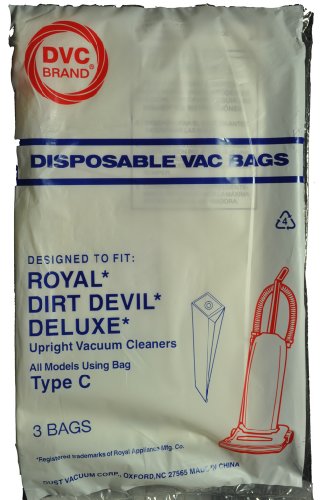 Dirt Devil Type C Upright Vacuum Cleaner Bags, DVC Replacement Brand, designed to fit Dirt Devil Deluxe Upright Vacuum Cleaners using Type C bags, 3 bags in pack