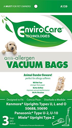 EnviroCare Replacement Allergen Filtration Vacuum Cleaner Dust Bags designed to fit Kenmore Uprights Type U/L/O, Style 50688 and 50690-3pk.