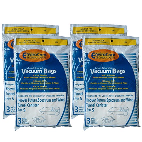 12 Hoover Windtunnel Allergy Vacuum Type S Bags, Futura, Spectrum, Power Max Vacuum Cleaners, 43655097, 4010064S, 4010344S, 43655093, 4010100S