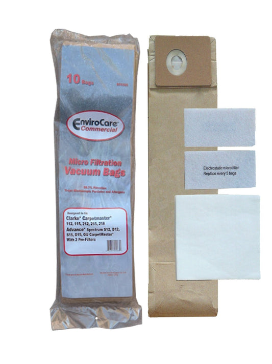 EnviroCare Replacement Micro Filtration Vacuum Cleaner Dust Bags made to fit Advance Spectrum, Clarke, CarpetMaster, Nilfisk Vacuums. 10 Bags + Exhaust & Pre Filters Filter