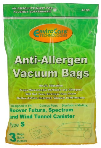 EnviroCare Replacement Allergen Filtration Vacuum Cleaner Dust Bags Designed to fit Hoover Style "S" Futura, Spectrum, Power Max Vacuum Cleaners 3 Pack