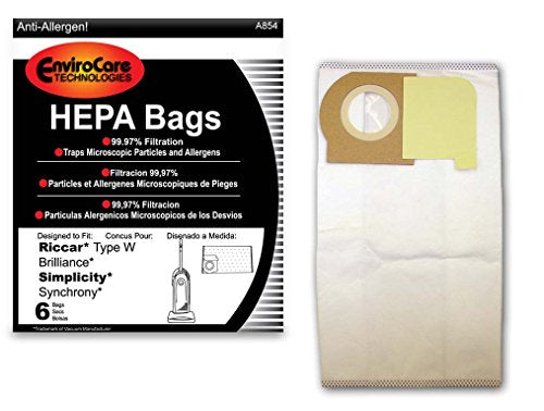 EnviroCare Replacement HEPA Filtration Vacuum Cleaner Dust Bags made to fit Riccar Type W Brilliance and Simplicity Synchrony Uprights 6 Pack