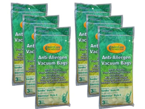 18 Eureka & Electrolux Style OX, Sanitaire Style S H10 Allergy HEPA Vacuum Bags, S-Clinic, SP200 EL200 and EL202, EL 200B, EL 202B, EL 202C, EL202CPK4, EL202F, EL203B, Classic S-Bag Clinic, 6123OF-6 SP6950, SP6952, Eureka BB, Sanitaire Classic S