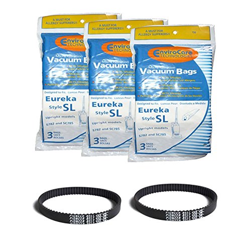 Replacement Part For Eureka e Type SL Vacuum 9 Bag, Commercial Mini Upright Vacuum Cleaners, S782, SC785, S782A, S782A-1, SC785A-1, SC785A, SC785A with 2 Geared Free Belts