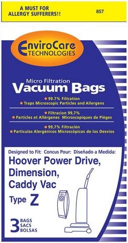 Hoover Part#4010100Z - Hoover Vacuum Type Z Replacement Vacuum Bags Microfiltration with Closure - 3 Bags per Package - by EnviroCare Part#857