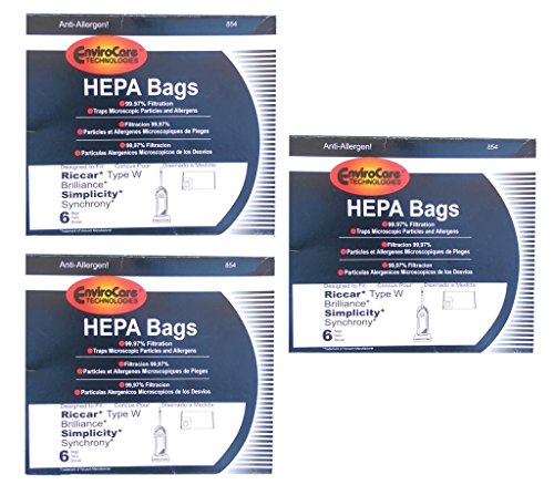 EnviroCare 18 (3 Pkgs) Type W HEPA Allergy Bags fit Riccar Brillance BRLP BRLD BRLS Simplicity Synchrony SCRP, SCRD, SCRS, SCRD.Fetch Upright Vacuum Cleaners