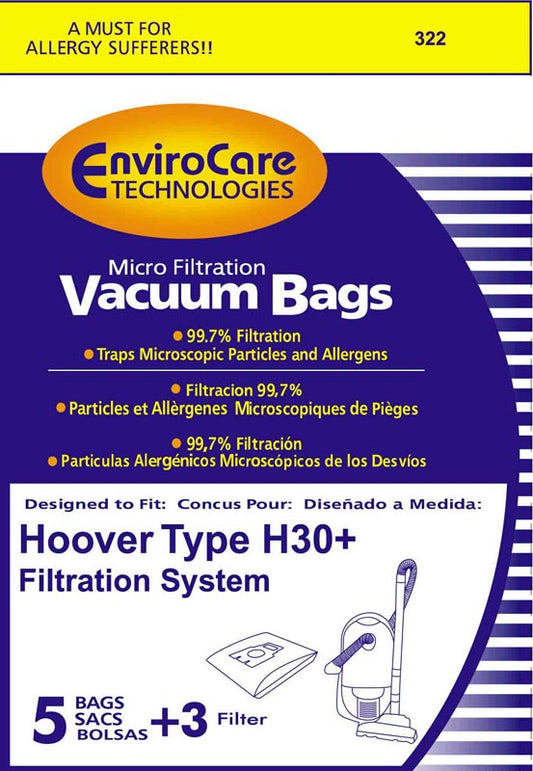 PAPER BAGS-HOOVER,H30 PLUS,5PK,MICROLINED CANISTER,ENVIROCARE,REPL 322 40-2415-0