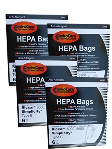 EnviroCare 24 Bags (4 pkgs) Type B HEPA Allergy Bags for Riccar 8000 8900, Simplicty 7 & 7000 Series and Belvedere Upright Vacuum Cleaners