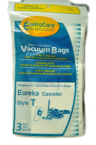Eureka Style T Canister Vacuum Cleaner Bags, EnviroCare Replacement Brand Bags, designed to fit Eureka Canister Style T, 99.7 Microfiltration, 3 bags in pack