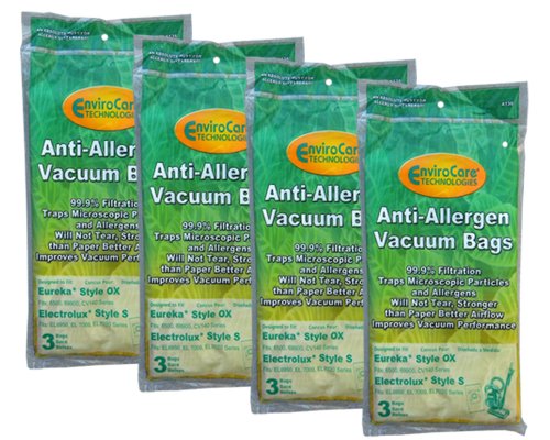 12 Eureka & Electrolux Style OX, Sanitaire Style S H10 Allergy HEPA Vacuum Bags, S-Clinic, SP200 EL200 and EL202, EL 200B, EL 202B, EL 202C, EL202CPK4, EL202F, EL203B, Classic S-Bag Clinic, 6123OF-6 SP6950, SP6952, Eureka BB, Sanitaire Classic S